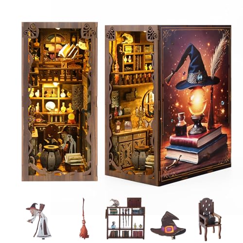 Book Nook DIY Kit Booknook Nooks Bibliothek Magic Bausatz Library Fantasy 3d Puzzle Bücherregal Bookends Deko Mini Welt Puppenhäuser Miniatur Haus mit Möbeln LED-Licht Buchstütze für Erwachsene ab 14+ von Vintoney