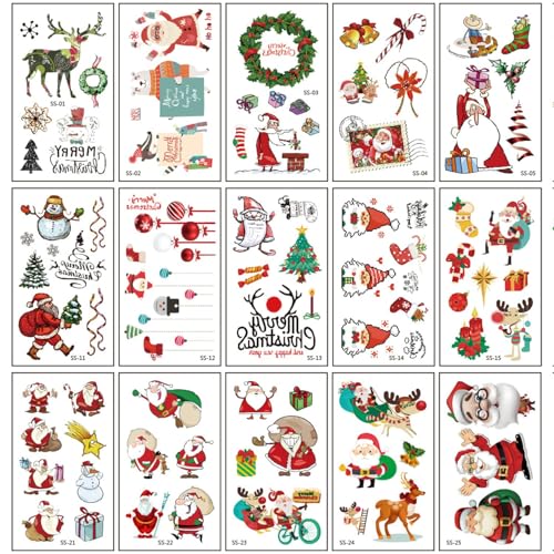 15 Kinder Weihnachts-Tattoos, Skin Friendly Kit, temporäre Tattoos, wasserdicht, coole Kinder Jungen Mädchen Party Packs Neujahr Party Dekoration Weihnachten Party Zubehör von Viojrlly