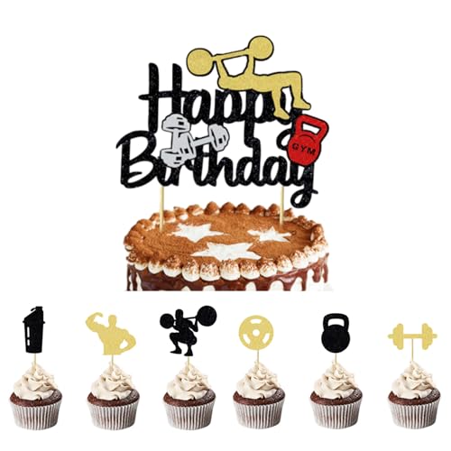 25 Stück Fitness Kuchen Dekorationen, Glitzer "Happy Birthday" Cupcake Topper Kuchendekoration für Fitnessstudios, Sport Cake Topper Gym Kuchendeko für Männer Sport Fitness Thema Party Dekorationen von Viojrlly