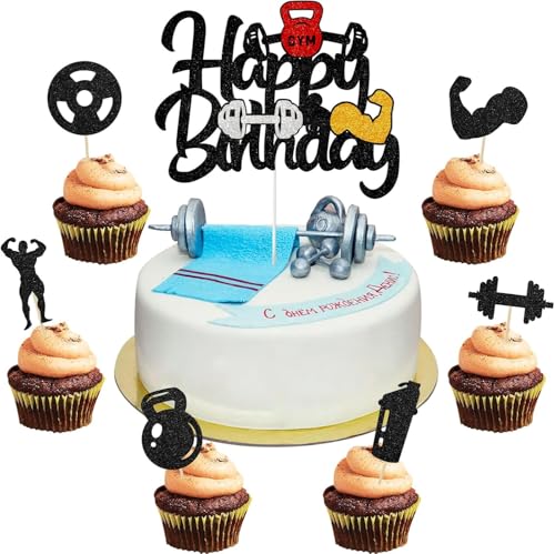 25 Stück Fitness Kuchen Topper, Gym Kuchen Topper, Gewichtheben Kuchen Topper, Glitter Hantel Becher, Männer Muskel Kuchen Topper, Sport und Fitness Themed Party Kuchen Topper Dekoration Zubehör von Viojrlly