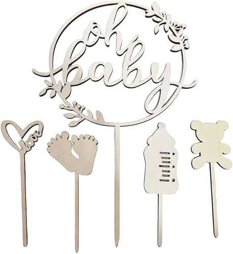 Cake Topper Holz 5 Stück, Kuchen Dekorationen, Taufe Kuchen Topper, Baby-Taufe Dekorationen, Geschlecht Reveal Party Dekorationen, Kinder-Taufe Dekorationen Kuchen Topper von Viojrlly