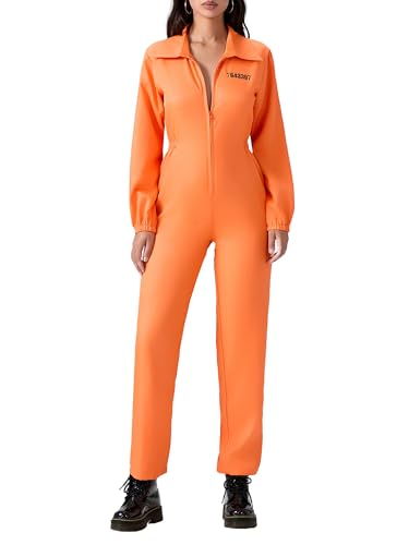 Viqwqii Gefängnis-Kostüme für Damen und Herren, langärmelig, Gefängnis-Overall, Halloween, Party, Rollenspiel, Cosplay, Outfits (Standard, L, Y-Damen, Orange) von Viqwqii