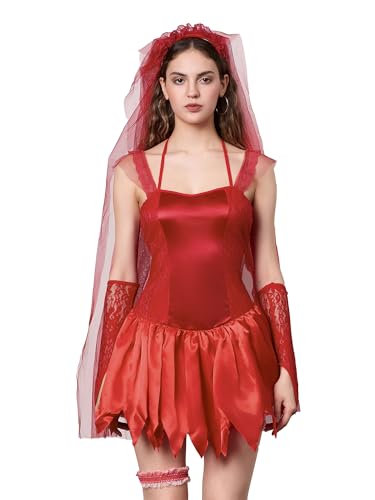 Viqwqii Halloween-Kostüm für Damen, Geisterbraut-Kostüm, Cosplay, Party, Verkleidung mit Schleier, Armärmeln und Beinkreis (Standard, L, Rot) von Viqwqii