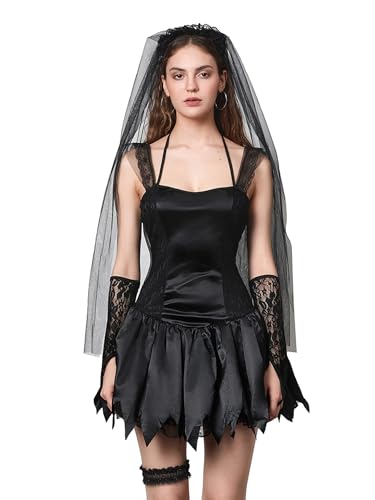 Viqwqii Halloween-Kostüm für Damen, Geisterbraut-Kostüm, Cosplay, Party, Verkleidung mit Schleier, Armärmeln und Beinkreis (Standard, M, Schwarz) von Viqwqii