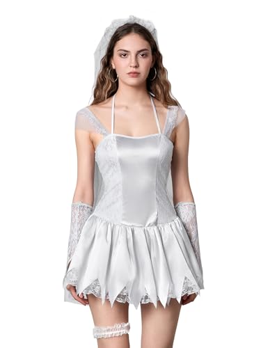 Viqwqii Halloween-Kostüm für Damen, Geisterbraut-Kostüm, Cosplay, Party, Verkleidung mit Schleier, Armärmeln und Beinkreis (Standard, XL, Grau) von Viqwqii