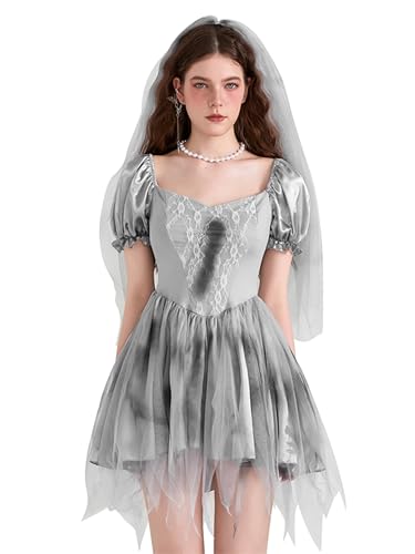 Viqwqii Halloween-Kostüm für Damen, Totbraut-Cosplay-Kostüm, Geist, Leiche, Braut, Korsett-Kleid und Schleier, Blumen-Stirnband-Sets (Standard, M, I-Grau) von Viqwqii