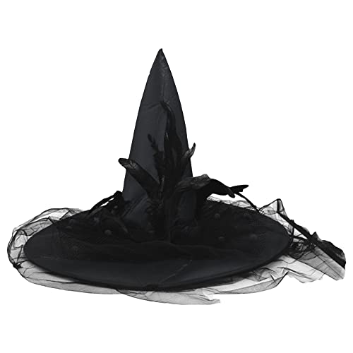 Viqwqii Hexenhüte für Damen, Halloween, Feder, Tüll, Halloween-Party, Kostüme, Zaubererhüte (A-Schwarz, 50 x 40 cm) von Viqwqii