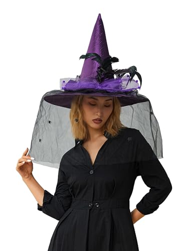 Viqwqii Hexenhüte für Damen, Halloween, Feder, Tüll, Halloween-Party, Kostüme, Zaubererhüte (B-Lila, Einheitsgröße) von Viqwqii