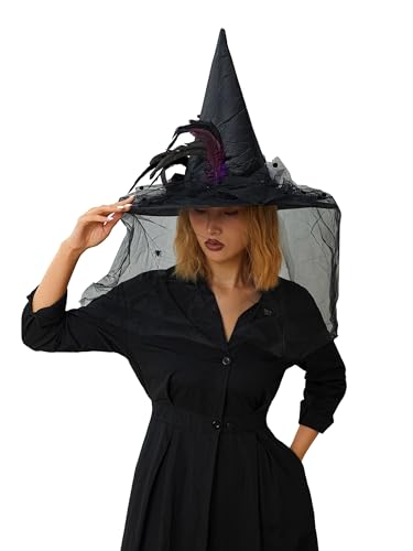 Viqwqii Hexenhüte für Damen, Halloween, Feder, Tüll, Halloween-Party, Kostüme, Zaubererhüte (B-Schwarz, Einheitsgröße) von Viqwqii