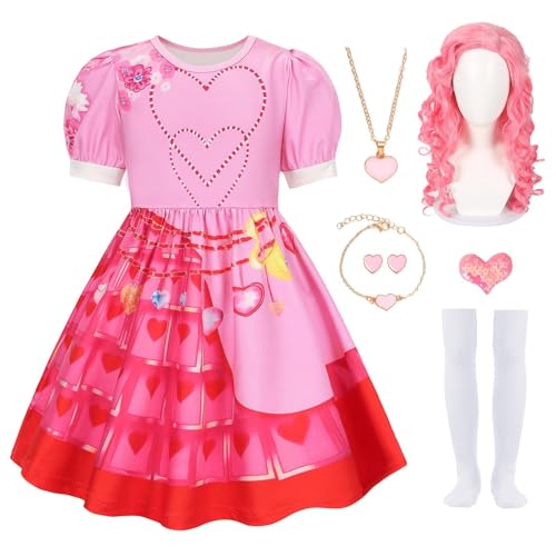 Kostüm Mädchen Rosa Outfit mit rosa Perücke | 7-teiliges Pink Rise-Kostüm für Mädchen, rotes Prinzessinnenkleid mit Perücke, rosa Königin-Kleid mit Perücken für Mädchen, Halloween-Cosplay-Outfit von Virtcooy