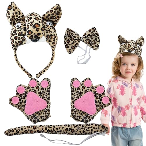 Virtcooy Leoparden-Stirnband und Schwanz, Leoparden-Kostüm-Set | 5-teiliges 3D-Tierkostüm-Set | Cosplay-Party-Kostümzubehör, inklusive Stirnband mit Leopardenohren, Schwanz, Handschuhen und Fliege für von Virtcooy