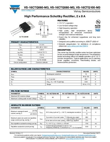 Vishay Schottky-Diode VS-16CTQ100-M3 TO-220AB Array - Zweifach Tube von Vishay