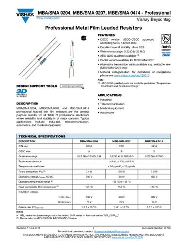 Vishay MBB02070C2201FCT00 Metallschicht-Widerstand 2.2kΩ axial bedrahtet 0.60W 1% 50 ppm/°C Tape von Vishay