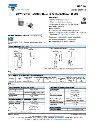 Vishay RTO020F1R000JTE3 Leistungs-Widerstand 1Ω THT TO-220 20W 5% Tube von Vishay