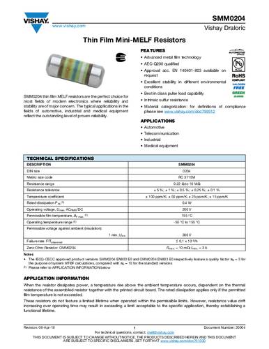 Vishay SMM02040C3903FB300 Dünnschicht-Widerstand 390kΩ SMD 0.25W 1% Tape von Vishay
