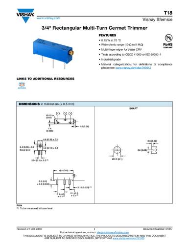 Vishay T18500KT10 Spindeltrimmer linear 0.75W 0.05kΩ von Vishay