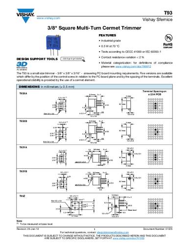 Vishay T93XB472KT20 Spindeltrimmer linear 0.5W 4.7kΩ von Vishay