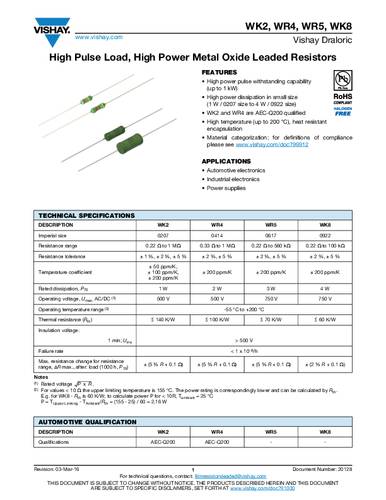 Vishay WK202070A2201J2200 Metallschicht-Widerstand 2.2kΩ axial bedrahtet 1W 5% Tape von Vishay