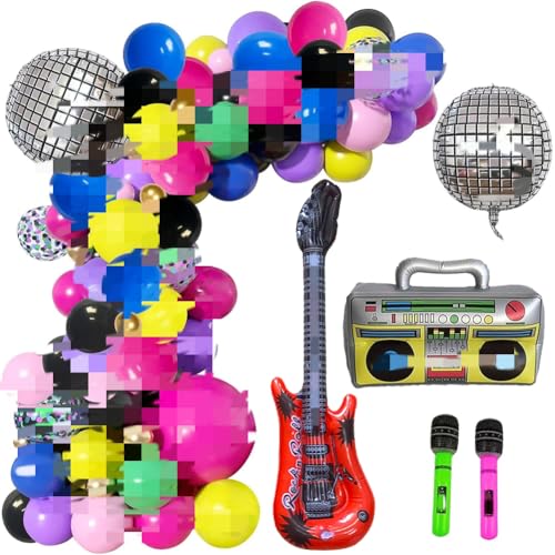 80er 90er Jahre Party Deko, Retro Disco Mottoparty Ballon Girlande Set mit Bunt Luftballons mit Disco Kugel Boombox Bassgitarre Mikrofon Folienballons für 80er 90er Hip Hop Geburtstag Dekoration von Viskee