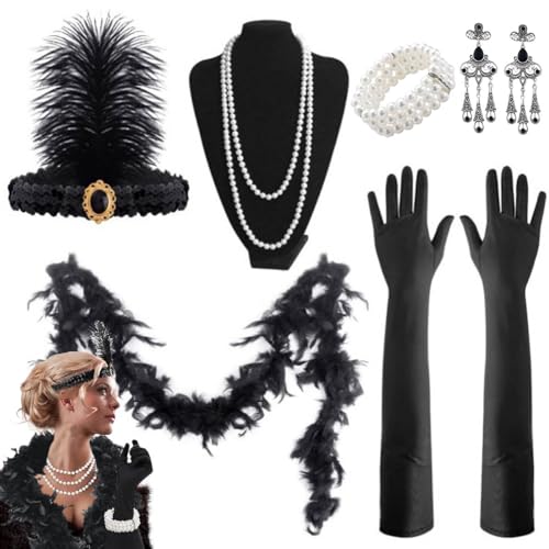 Viskee 1920er Jahre Zubehör Set 7 Teiliges 20er Jahre AccessoiresFlapper Stirnband Halskette Ohrringe Lange Schwarze Handschuhe Boa Zigarettenspitze Great Gatsby Thema Party Zubehör für Fraue von Viskee