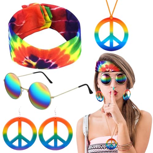 Viskee Hippie-Kostüm für Herren und Damen, Hippie Perücke Sonnenbrille Peace Halskette Anhänger Batik Stirnband Accessories, Herren Damen Kostüm 80er 90er Mottoparty Halloween Fasching Karneval von Viskee