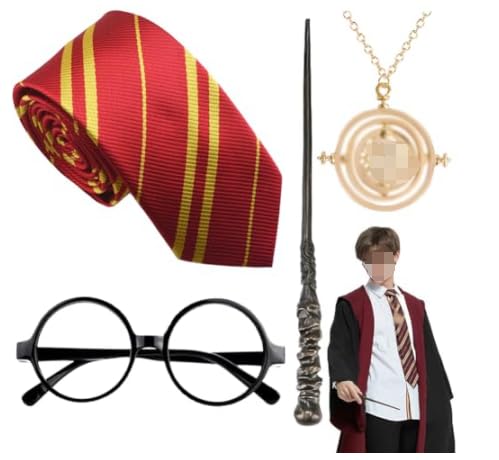 Zauberer Cosplay Set 4 Stück Zauberer Kostüm mit Krawatte Zauberer Zauberstab aus Kunststoff Brille Halskette Cosplay Kostüm Halloween Kostüme für Kinder Geburtstag Halloween Fasching Karneval Kostüm von Viskee