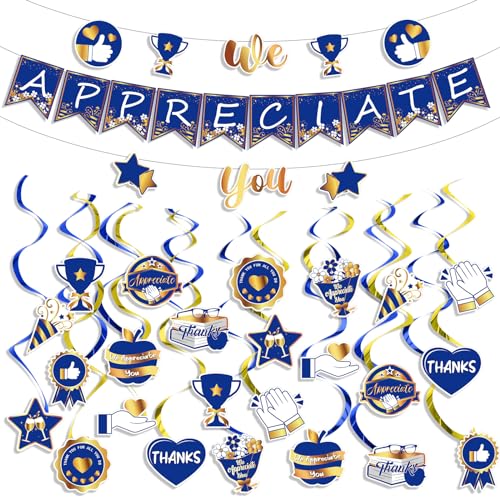 VitalCozy 39 Stück "We Appreciate You"-Banner mit Aufschrift "We Appreciate You", Banner zum Aufhängen, Wirbel und Banner, Blau / Gold, für Mitarbeiter, Lehrer, Ruhestand, Arzt, Krankenschwester, von VitalCozy