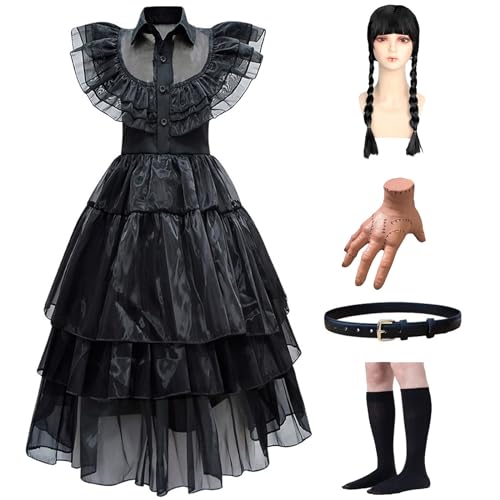 Wednesday Kleid Damen Kleid Set - mit Perücke Wednesday Kleid Damen Wednesday Family Thing Kostüm Erwachsenen Gothic Halloween Schwarz Kleid mit Vielfältigem Zubehör für Cosplay Karneval Party von Viunychn