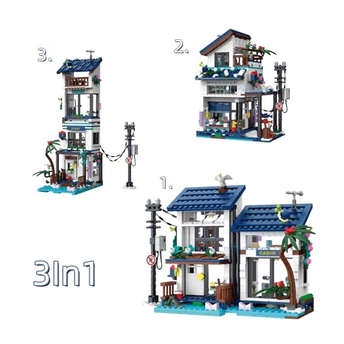 VizBrou 3 in 1 Japanischer Stil Urlaub Strand Haus Modell Bausteine Set, Sammlerstücke 813 Teile Meer Street View Architektur Villa Bausatz Modell Kit Klemmbausteine Spielzeug für Erwachsene Kinder von VizBrou