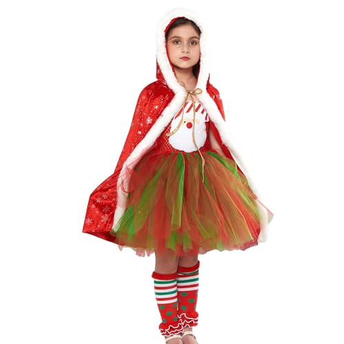 Vjeybv Weihnachtsmann-Tutu, ärmellos, mehrlagiges Tüll-Tutu-Kleid mit Umhang, Beinwärmer, Kostüm, Verkleidung für 2–12 Jahre alte Mädchen für Cosplay von Vjeybv