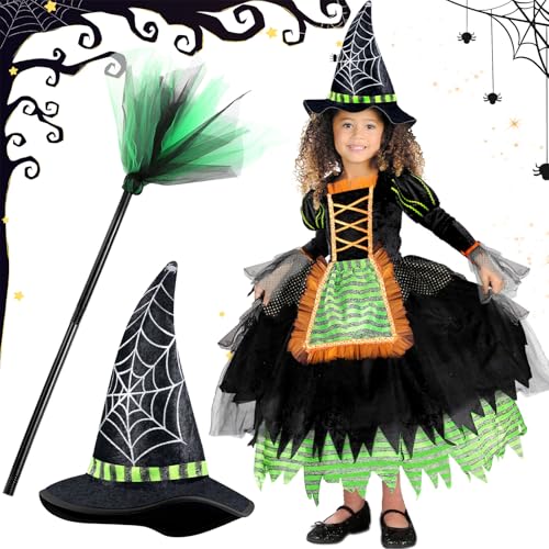 Vleuexe Hexenkostüm Mädchen,Kostüm Halloween Hexenkostüm Kinder Halloween Kostüm Set 3 teilig,Mädchen Fasching Cosplay Karneval Party Glitzer mit Hexenhut Hexenbesen Zauberer Kostüm(Grün) 5-8 Jahren von Vleuexe