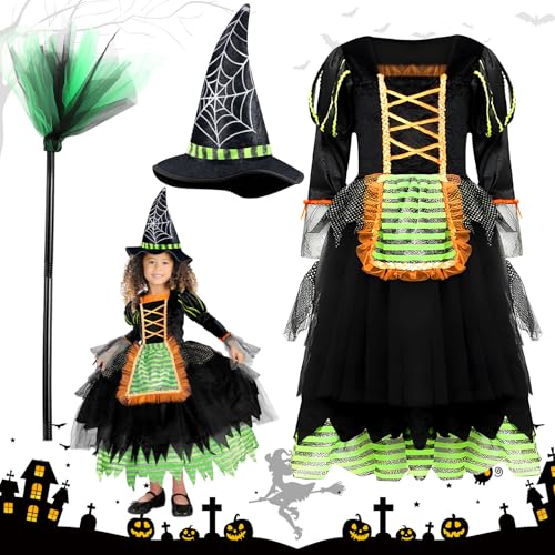 Vleuexe Hexenkostüm Mädchen,Kostüm Halloween Hexenkostüm Kinder Halloween Kostüm Set 3 teilig,Mädchen Fasching Cosplay Karneval Party Glitzer mit Hexenhut Hexenbesen Zauberer Kostüm(Grün) 9-13 Jahren von Vleuexe