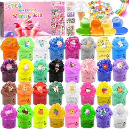 Vleuexe Slime Kit with Mini 36 Pack Butter Slime Schleim Kinder Slime Fun Charms,Slime Fluffy schleim Set,Clear Glitter Slime,DIY Slime,weich,Geschenk zum streßabbauend für Jungen,Mädchen Party Favor von Vleuexe