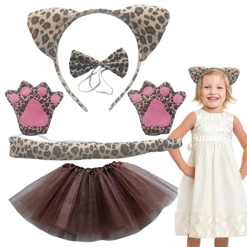 Vllold Leoparden-Katzenohren-Stirnband, 5-teiliges Set, Halloween-Kostüm, Stirnband, Fliege, Schwanz, Tutu, Krallen, Cosplay-Set für Mädchen im Alter von 3–14 Jahren, Urlaubsparty von Vllold