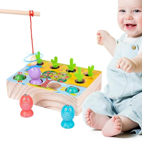 Vllold Magnetisches Angelspiel, Holz-Karotten-Erntespiel, niedliche Fangwürmermagnete, Spielzeug, Früherziehung, Feinmotorspielzeug für Kinder, Kleinkinder, 1–3 Jahre alt von Vllold