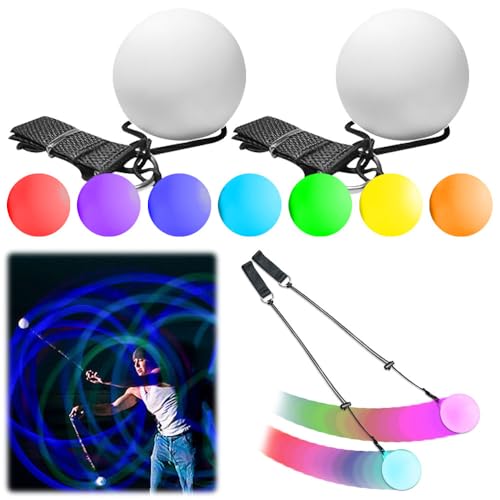 Vmxlso 2 Stück LED Poi Bälle, Jonglierbälle Leuchtend, LED Poi Leuchtball Kinder, LED Poi Jonglierbälle Kinder mit Regenbogen Farben und Strobe-Effekt, LED Poi Leuchtender Ball für Tanz, Jonglieren von Vmxlso