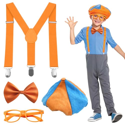 Vmxlso 4-teiliges Kinderkostüm, Rollenspiel, Kinderverkleidungszubehör, Rollenspiel-Kostüm, Set mit Hosenträgern, orangefarbener Fliege, Hüten und Brille, Kinder-Rollenspiel-Kostüme, Halloween-Kostüme von Vmxlso