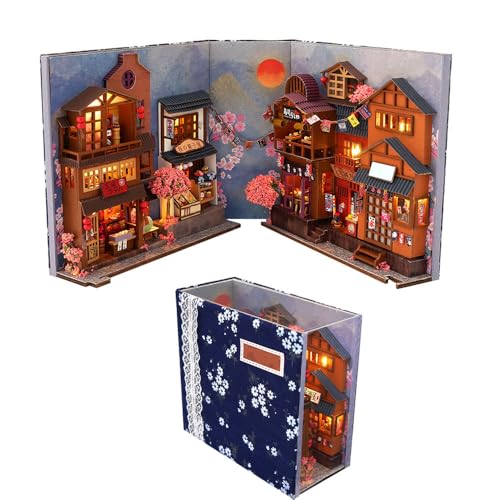 Vmxlso Diy Book Nook Kit Japan, Booknook Diy Kit mit LED Leuchten und Möbeln, Puppenhäuser Miniatur Haus Kit, 3D Puzzle Holz Buchstütze, Bauen Kreativität Geschenk für Geburtstage Halloween von Vmxlso