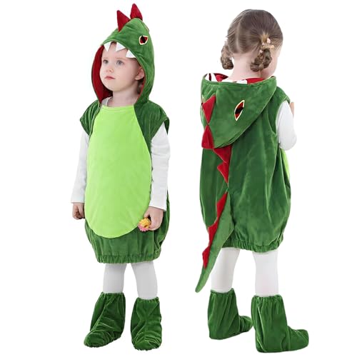 Vmxlso Dinosaurier Kostüm Kinder, Dino Kostüm Kinder Jumpsuit, Kostüm Dinosaurier Kinder mit Schuhüberzug, für 110-130 cm Jungen Mädchen, Karneval Kostüm Kinder Dino für Cosplay Party, Grün von Vmxlso