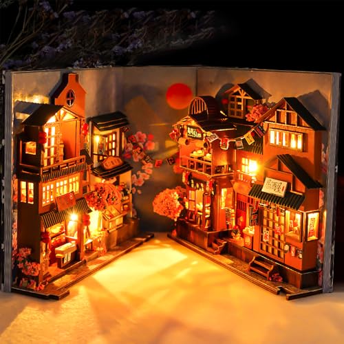 Vmxlso Diy Book Nook Kit, 3D Puzzle Holz Booknook, Diy Miniatur Haus mit Möbeln und LED Leuchten, Diy Miniature House Dekoration, Nook Book Modellbausätze für Erwachsene zum Bauen (Kirschblüten Gasse) von Vmxlso