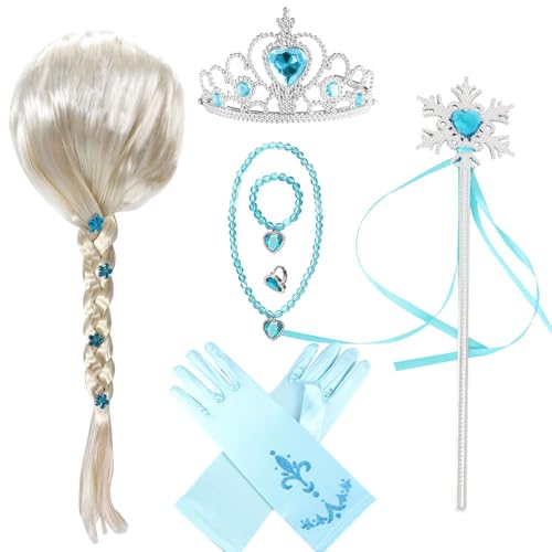 Vmxlso Elsa Zubehör Mädchen, 7 Teiliges Prinzessin Zubehör Mädchen mit Krone, Zauberstab, Perücke, Ring, Halskette, Handschuhe, Armband, Elsa Perücke Kinder Set für Karneval Party Cosplay Festivals von Vmxlso