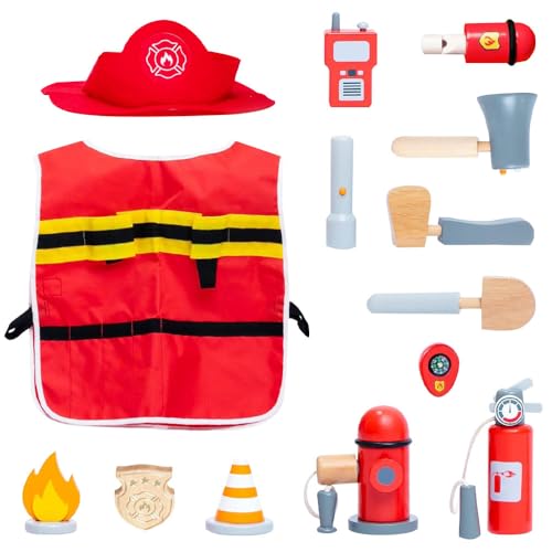 Vmxlso Feuerwehr Kostüm Kinder, Feuerwehrmann Kostüm Kinder mit Kappe, Holz Feuerwehr Spielzeug, Feuerwehrkostüm Kinder, Kostüme für Kinder ab 3 Jahre, Karneval, Fasching, Mottoparty von Vmxlso