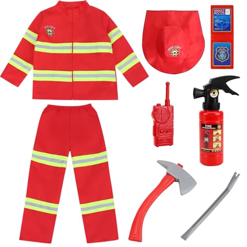 Vmxlso Feuerwehr Kostüm Kinder, Feuerwehrmann Kostüm Kinder mit Spielzeug-Feuerlöscher, Feuerwehrhelm, Walkie-Talkie, Feuerwehrkostüm Kinder für Mädchen und Jungen Karneval Fasching Mottoparty von Vmxlso