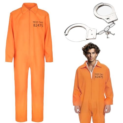 Vmxlso Häftling Kostüm Herren, Gefängnis Kostüm Orange mit Handschellen, Orangener Overall Gefängnis für 180-190 cm, Sträfling Kostüm Gefangener für Karneval Mottoparty Cosplay, Length 160 cm von Vmxlso