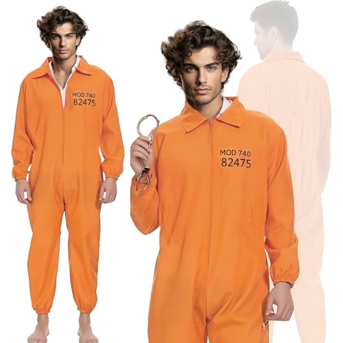 Vmxlso Häftling Kostüm Herren, Gefängnis Kostüm Orange mit Handschellen, Orangener Overall Gefängnis für 180-190 cm, Sträfling Kostüm Gefangener für Karneval Mottoparty Cosplay, Length 160 cm von Vmxlso