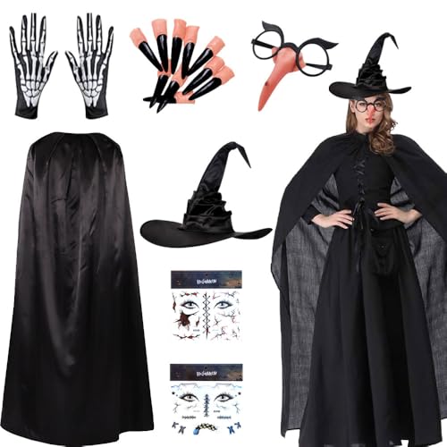 Vmxlso Hexenkostüm Damen Halloween, Halloween Kostüm Damen Hexe mit Umhang Hexenhut Lustige Brillen Langen Nägeln, Tattoos Gesicht, Handschuhe, Witch Costume Women, Hexenumhang Damen Schwarz von Vmxlso