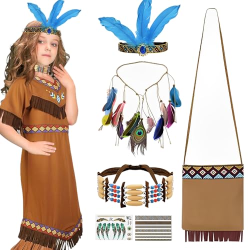 Vmxlso Indianer Kostüm Kinder Mädchen, Indianer Kostüm Mädchen, Indianerkleid Mädchen mit Indianer Kopfschmuck, Feder Stirnband, Schulranzen, Halskette, Indianer Kostüm Kinder für Karneval Cosplay von Vmxlso