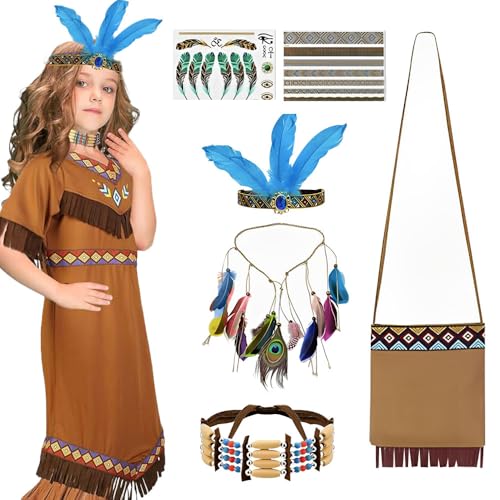 Vmxlso Indianer Kostüm Kinder Mädchen, 76 cm Indianer Kostüm Mädchen, Indianerkleid Mädchen mit Indianer Kopfschmuck, Feder Stirnband,Schulranzen,Halskette,Indianer Kostüm Mädchen für Karneval Cosplay von Vmxlso