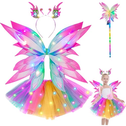 Vmxlso Leuchtende Feenflügel Kinder, 4 Stück Feenkostüm Mädchen mit Schmetterlingsflügel Kinder, LED Tutu Tüllrock, Haarreif, Zauberstab, Fairy Wings Schmetterling Kostüm für Halloween Karneval Party von Vmxlso