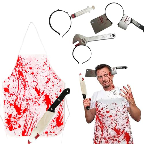 Vmxlso Metzger Kostüm Halloween, 5 Stück Halloween Schlachter Kostüm, mit Halloween Messer Haarband, Blutige Schürze, Blutiges Messer, Halloween Kostüm Metzger für Herren Halloween Party Einheitsgröße von Vmxlso